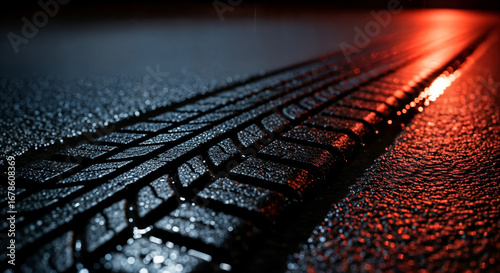 A closeup, dramatic shot of a tire track on wet asphalt at night, illuminated by contrasting red and blue lights, creating a sense of urgency and motion
