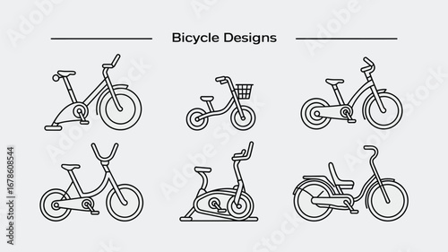 Illustration showcasing six different bicycle designs with varying styles and configurations shown in line art