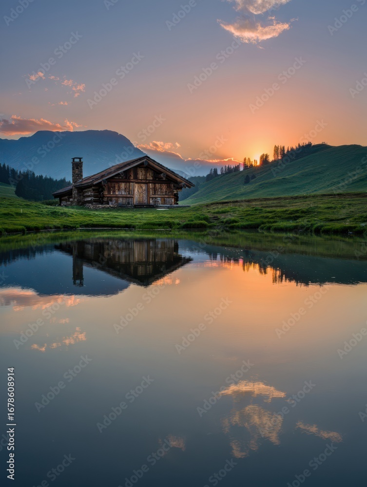 Fototapeta premium A rustic cabin sits by a calm lake as the sun sets behind distant mountains, creating a beautiful reflection on the water's surface with colorful skies
