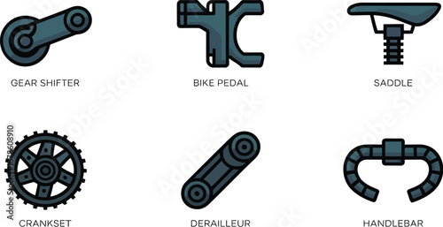Illustration showing different bicycle parts including a gear shifter, pedal, and a saddle design