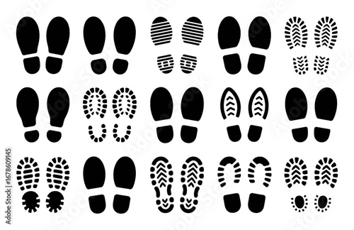 Collection of Black Footprint Silhouettes and Shoe Tread Patterns