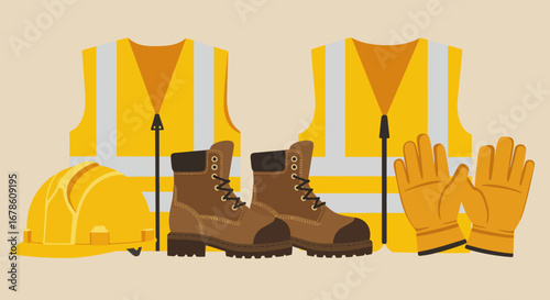 Construction Safety Gear: Boots Vest Gloves and Helmet.