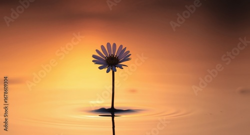 Serene Daisy in Water at Sunset. Reflection and Tranquility with Warm Colors.