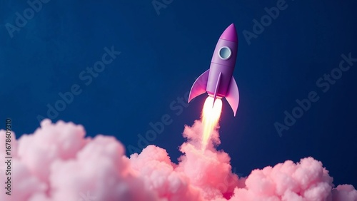 Purple rocket ship launches through pink clouds
