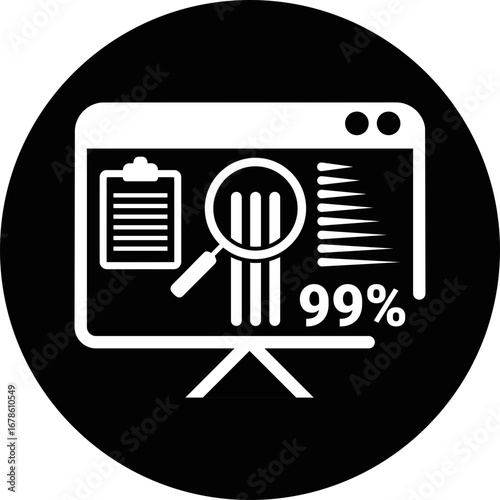 Presentation screen showing data analysis with clipboard, magnifying glass, and ninety nine percent