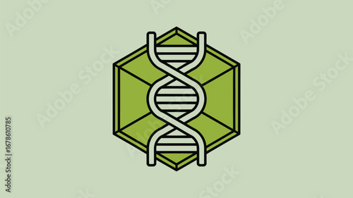 A stylized dna double helix with a green hexagon behind it on a light green background illustration