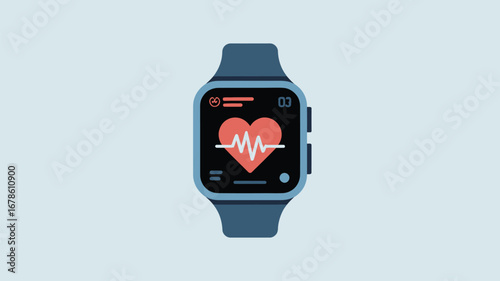 A blue smartwatch displaying a red heart with a white heartbeat line on a light blue background