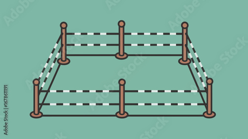 A simple illustration of a boxing ring with brown posts and white and black striped ropes on a green background