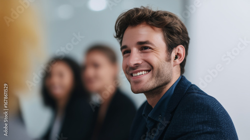 Smiling business professional with hearing device, brown hair, blue suit, sitting in office meeting, confident and positive atmosphere
