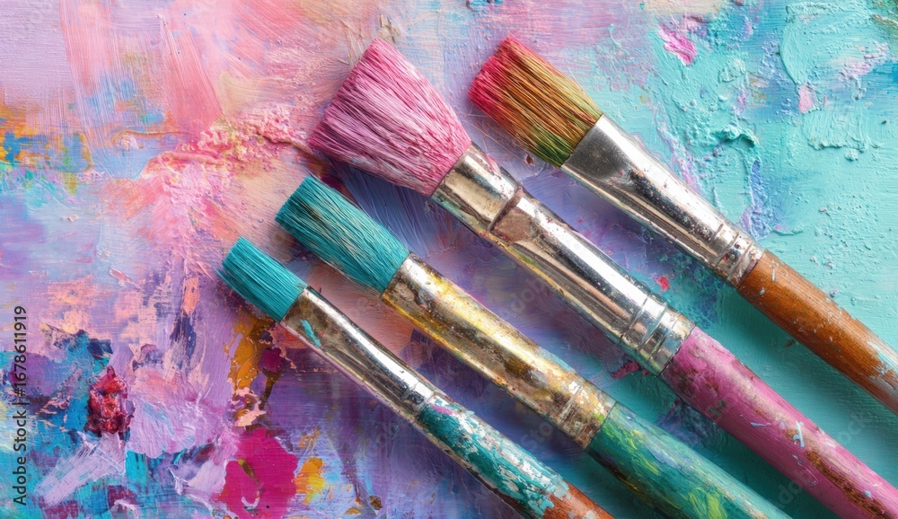 Fototapeta premium Paintbrushes on a colorful palette