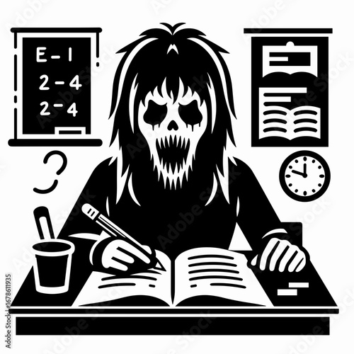 Scary figure with skull studying at desk with book and clock  