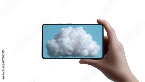 A hand holds a smartphone displaying a cloud
