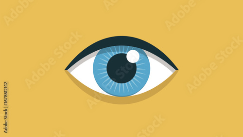 Illustration of a single blue eye with a black pupil and white highlight on a yellow background