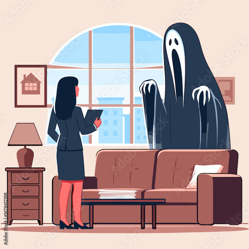 Businesswoman encountering ghost while apartment hunting in living room  