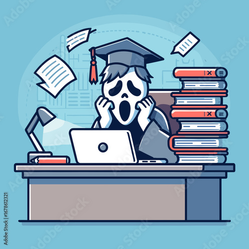 Student feeling overwhelmed with papers and books at desk  