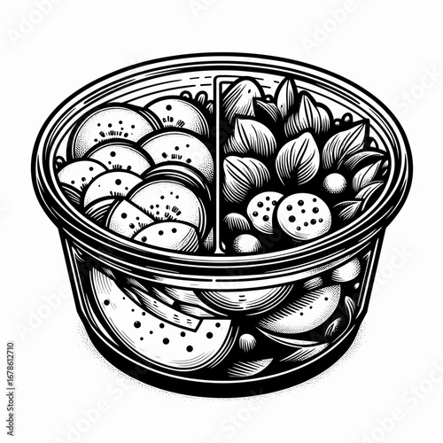 Salad container with sliced vegetables and fresh herbs in black and white  