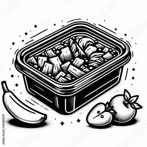 Salad container with assorted fruits and vegetables in black and white  