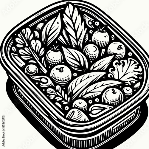 Salad container with assorted vegetables and herbs in black and white  