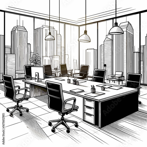 Modern office interior design with large windows and city view  