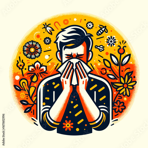 Man sneezing while surrounded by colorful flowers and plants  