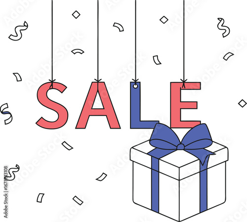 Sale letters hanging above a gift box, perfect for advertising