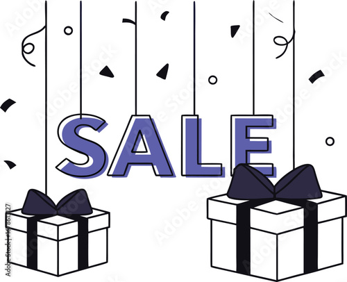 Sale letters hanging above gift boxes, perfect for advertising