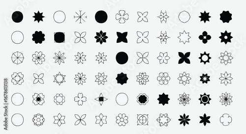 A grid arrangement of various geometric shapes, including circles and floral designs in black and white.