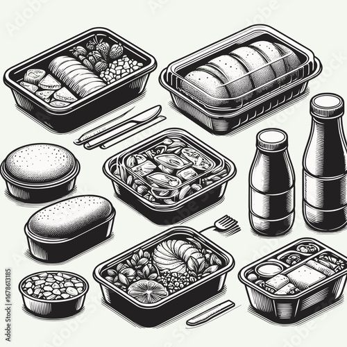 Various food containers with meals and beverages in monochrome style  