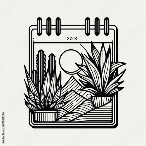Minimalist calendar mockup featuring potted plants and mountains  