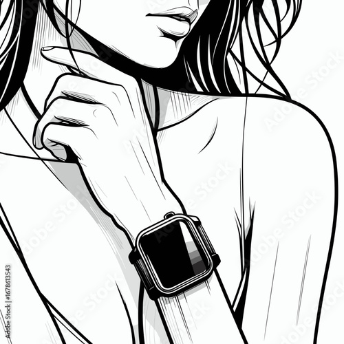 Stylish woman wearing smartwatch with long hair in artistic illustration  