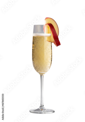 Elegant champagne flute, golden effervescent non-alcoholic cider, red apple garnish, eye-level, isolated on transparent, soft studio light, ultra-sharp. Concept of sophisticated non-alcoholic
