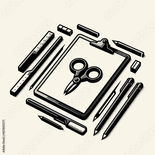 Stationery tools including scissors, pens, and ruler on clipboard  