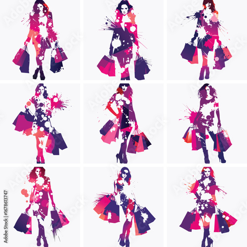 Fashionable women with shopping bags in a vibrant abstract watercolor style