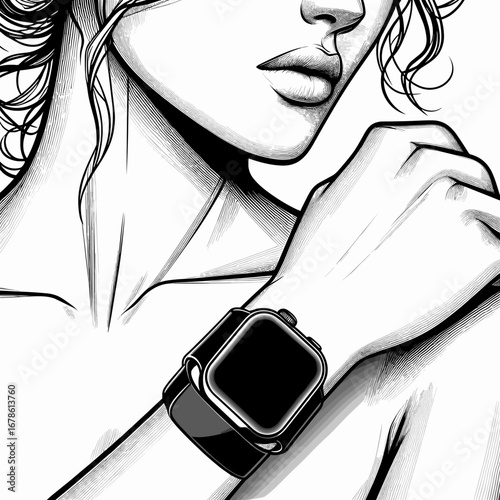 Woman modeling smartwatch on wrist in artistic black and white illustration  