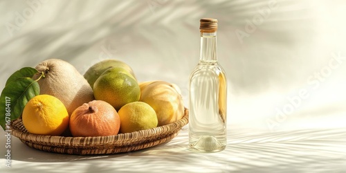 A still life composition features a bottle of clear liquid positioned on a woven basket filled with a variety of colorful fruits. The basket sits on a white surface, 