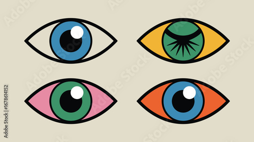 Four stylized eyes with different color combinations and black outlines arranged symmetrically on beige