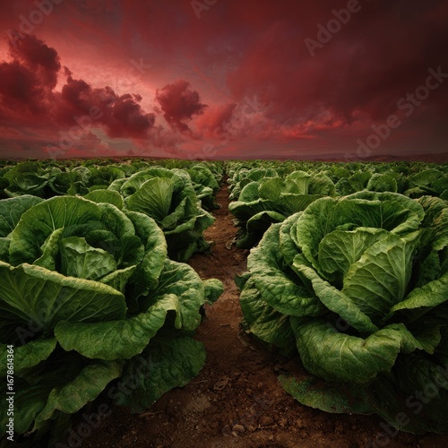 Sunset over a field of vibrant green lettuce