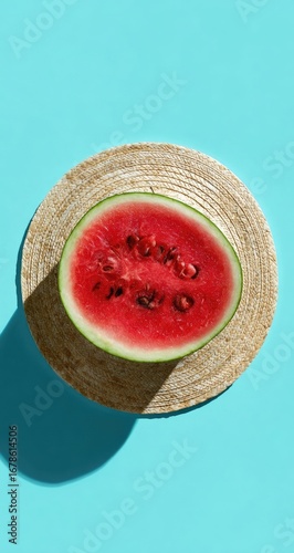 Overhead view of a sliced watermelon on a light beige circular placemat against a vibrant turquoise background.  A strong shadow is cast by the watermelon