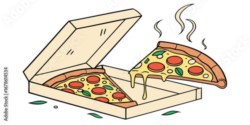 Pizza in box sticker on white background