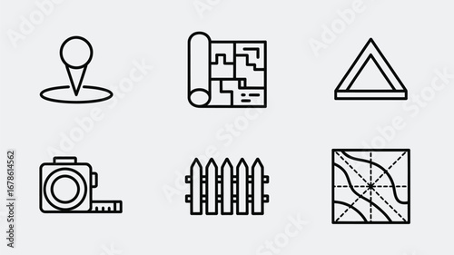 Various construction and design icons including blueprint, fence, measuring tape, and location pin