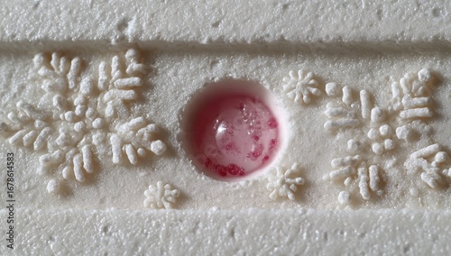 Close-up of white confectionery with pink candy and snowflakes