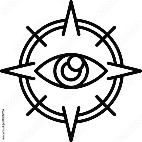 A stylized eye inside a double lined circle with star like points emanating from the circle edge