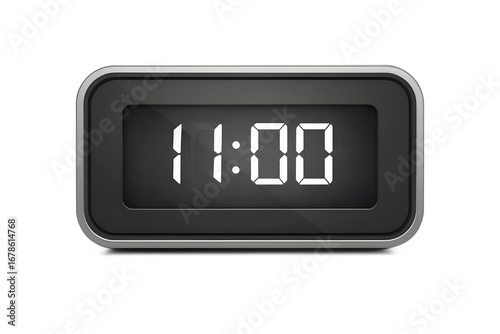 Digital alarm clock with glowing LED display showing 11:00, isolated on white background.
