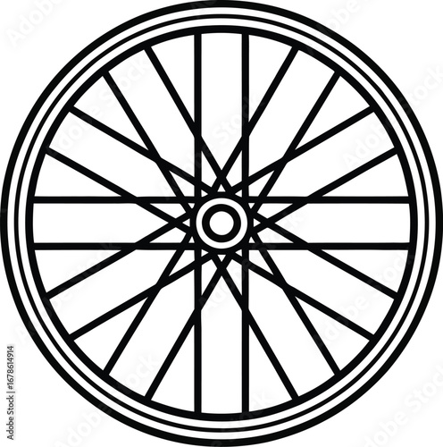 A detailed black and white illustration of a bicycle wheel with spokes and a double rim design element