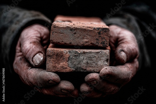 Rough hands holding bricks