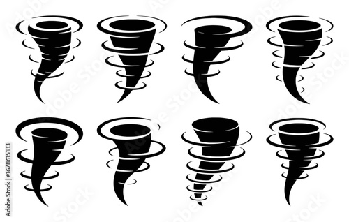 Collection of Black Tornado Icons on White Background