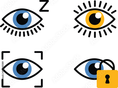 A collection of eye icons depicting various states such as sleep, focus, and security features