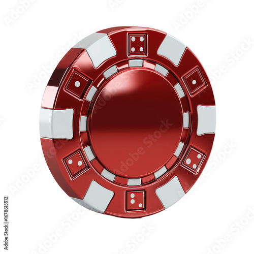 Shiny red casino chip with white accents and dice symbols, perfect for gaming promotions and luxury brand visuals.