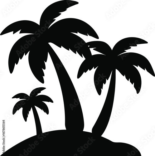 Stylized silhouette of three palm trees on a small island for tropical vacation and beach travel concepts silhouette