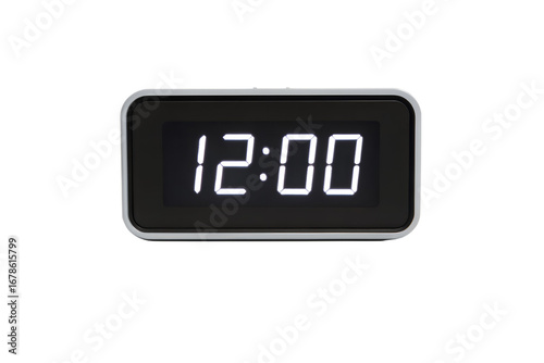 Digital alarm clock with glowing LED display showing 12:00, isolated on white background.